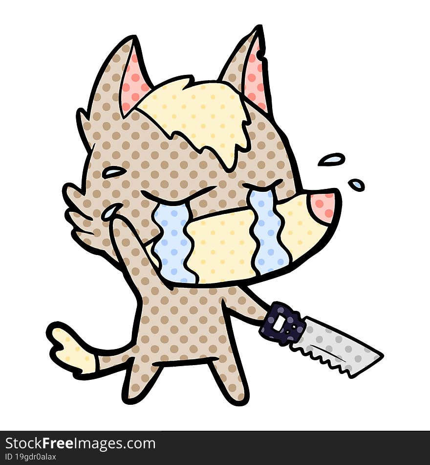 cartoon crying wolf with saw. cartoon crying wolf with saw