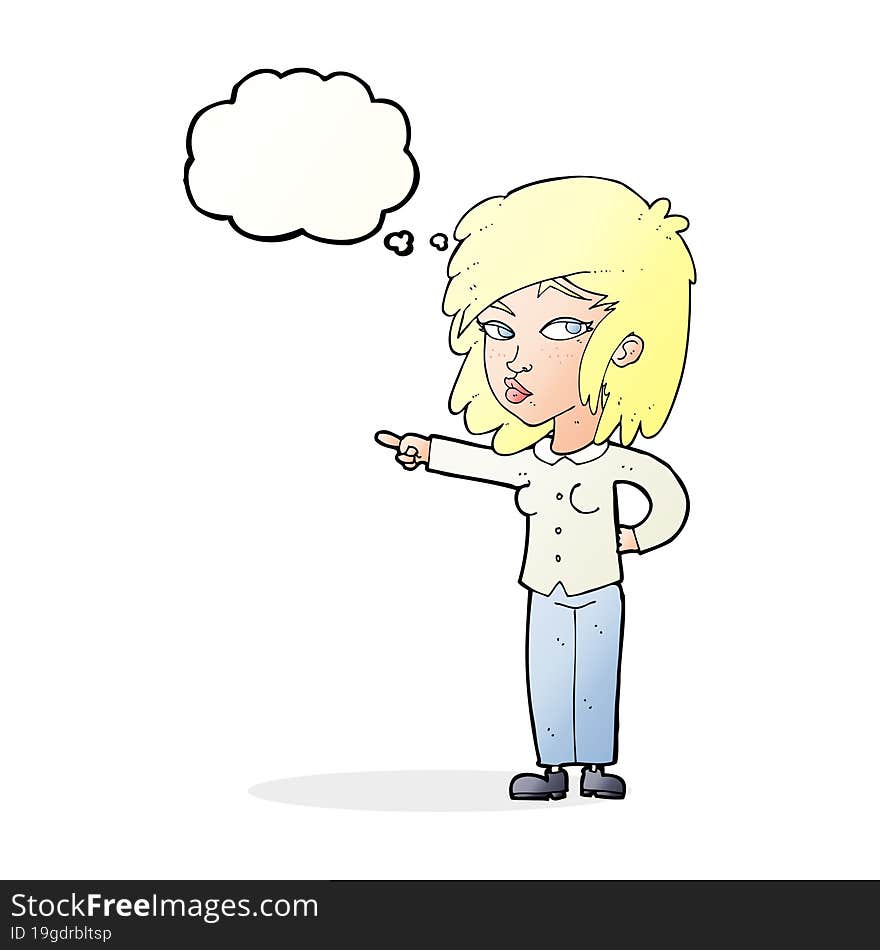 cartoon woman pointing with thought bubble