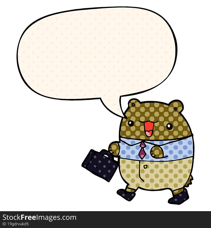 cute cartoon business bear and speech bubble in comic book style