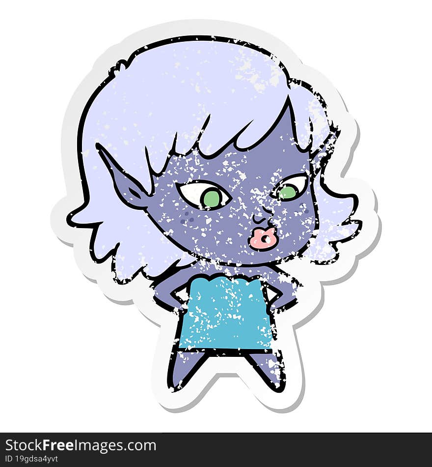 distressed sticker of a pretty cartoon elf girl