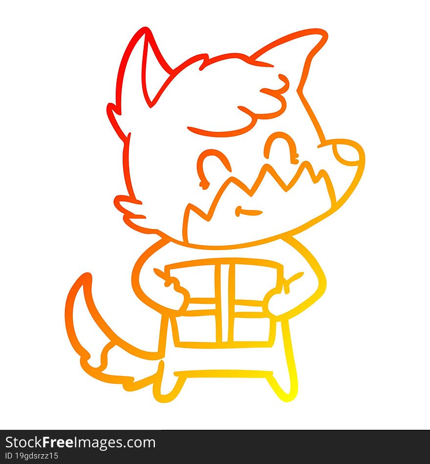 Warm Gradient Line Drawing Cartoon Friendly Fox With Gift