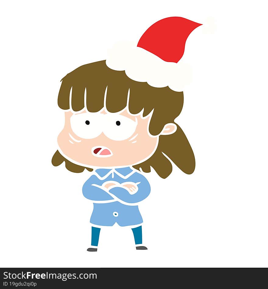 Flat Color Illustration Of A Tired Woman Wearing Santa Hat