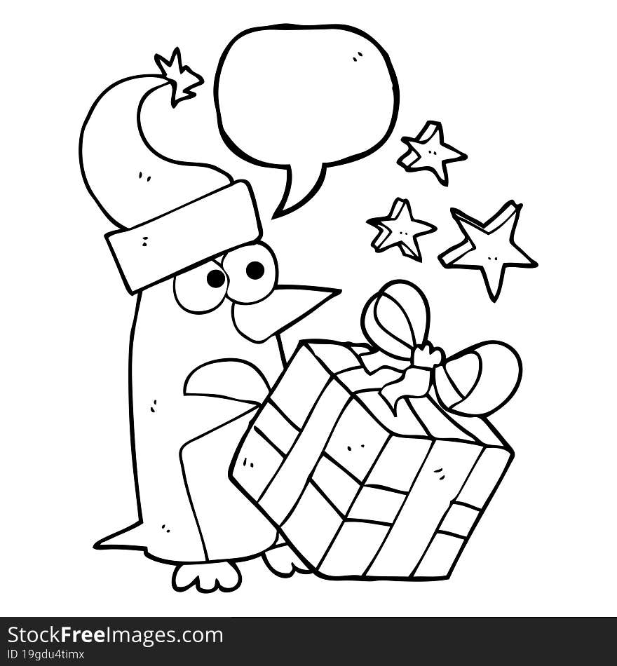 speech bubble cartoon christmas penguin with present