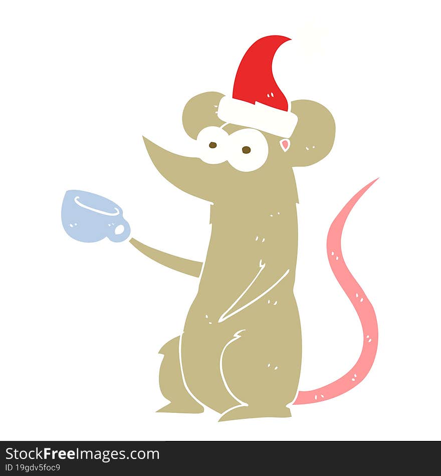 flat color illustration of mouse wearing christmas hat. flat color illustration of mouse wearing christmas hat