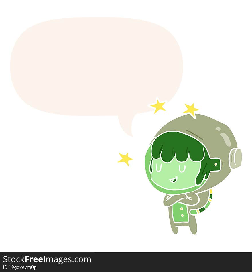 cartoon female future astronaut in space suit and speech bubble in retro style