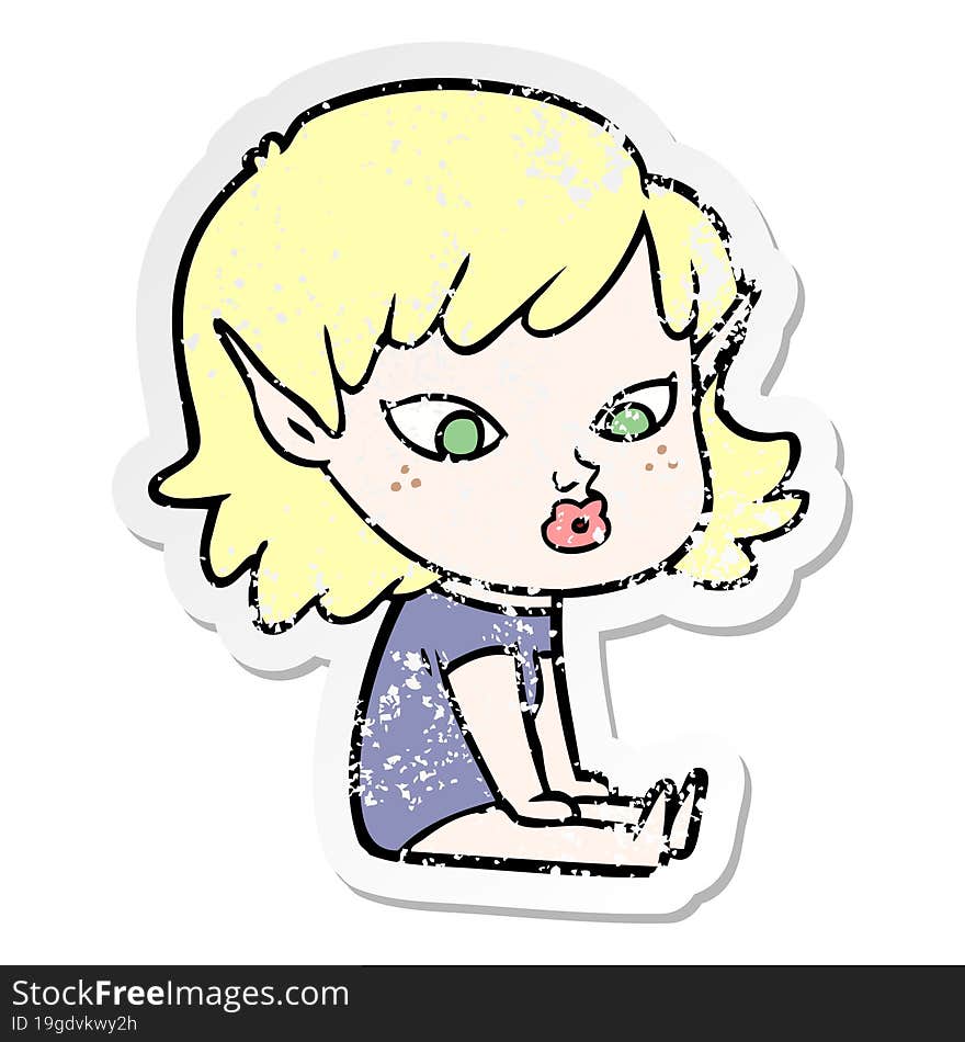 Distressed Sticker Of A Pretty Cartoon Elf Girl