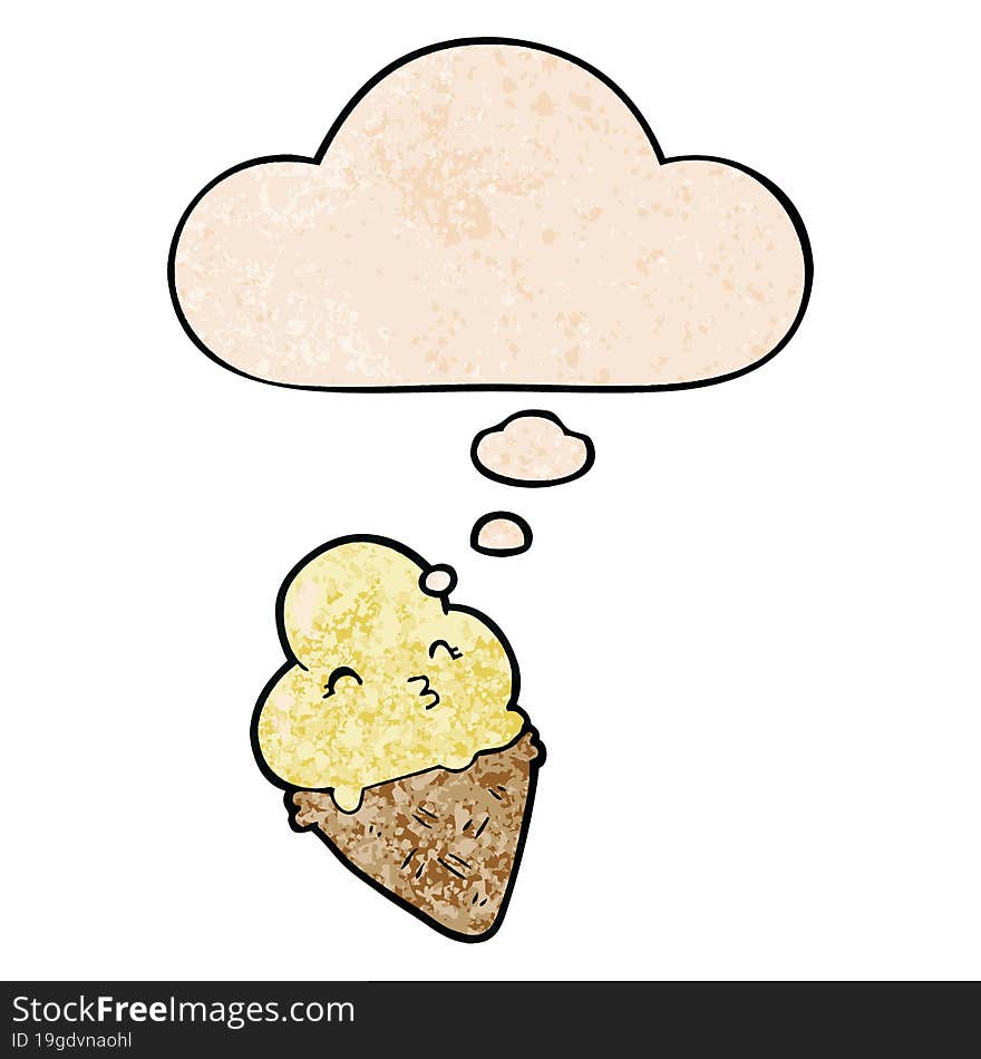 cartoon ice cream and thought bubble in grunge texture pattern style