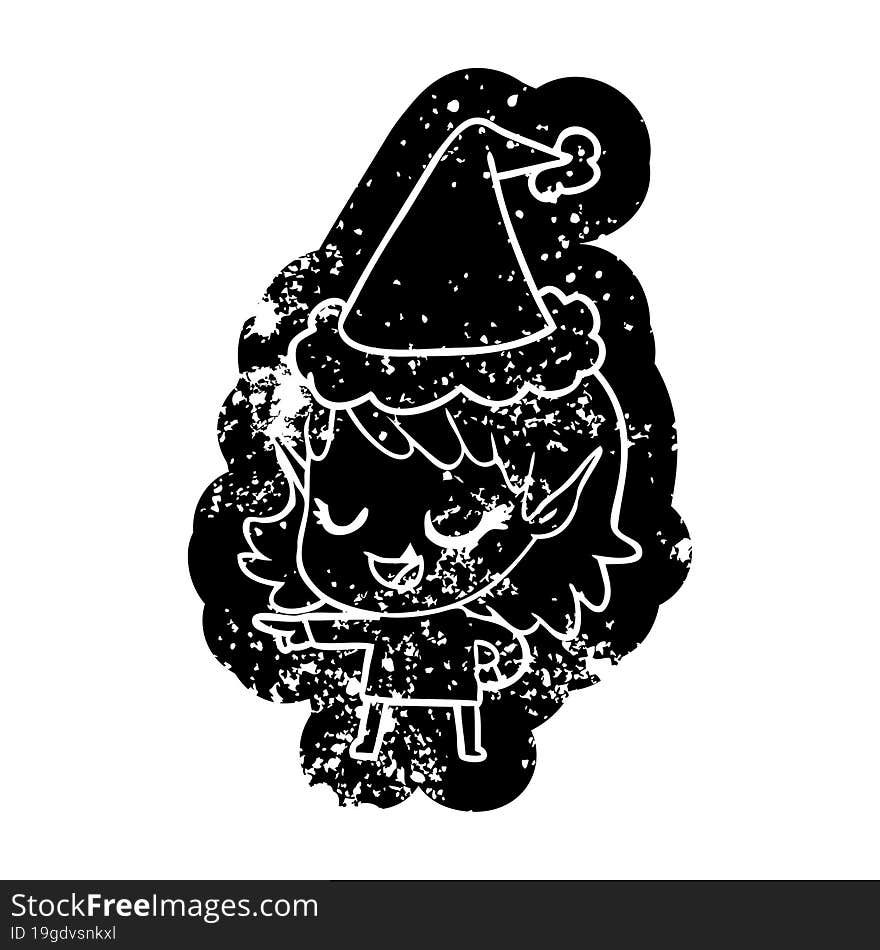 Happy Cartoon Distressed Icon Of A Elf Girl Pointing Wearing Santa Hat