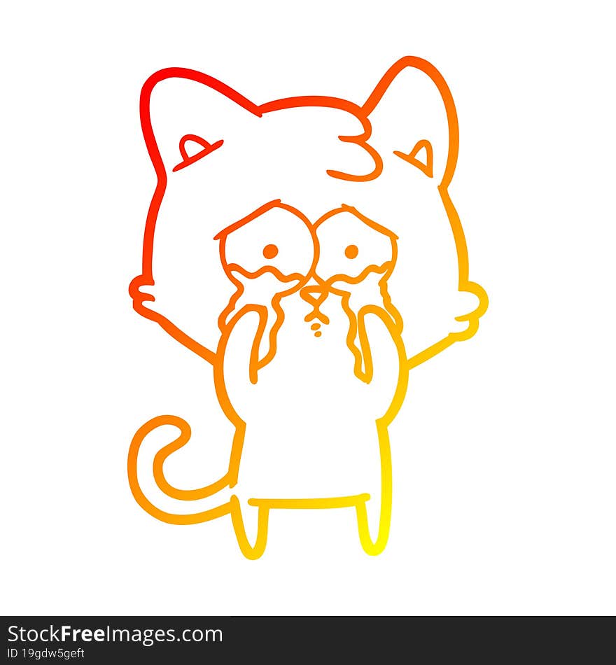 warm gradient line drawing of a cartoon crying cat