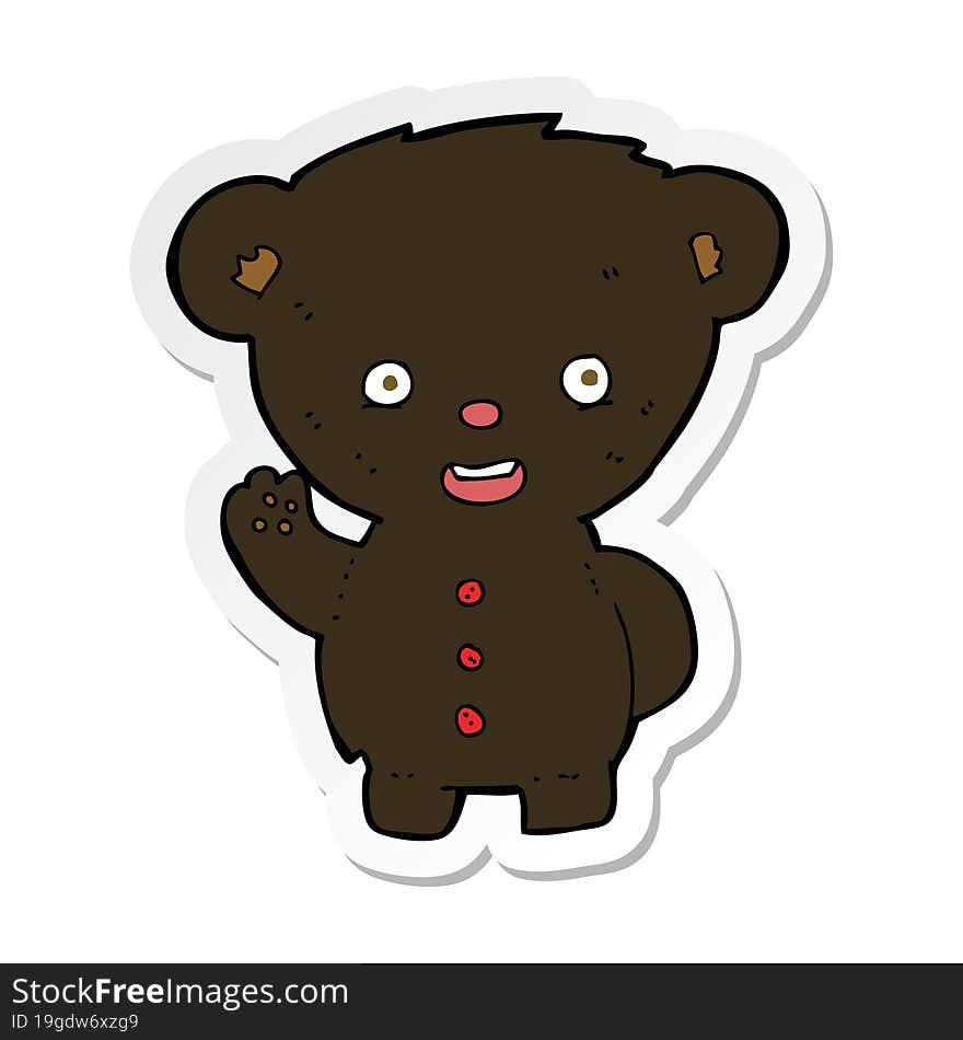 sticker of a cartoon waving black bear cub