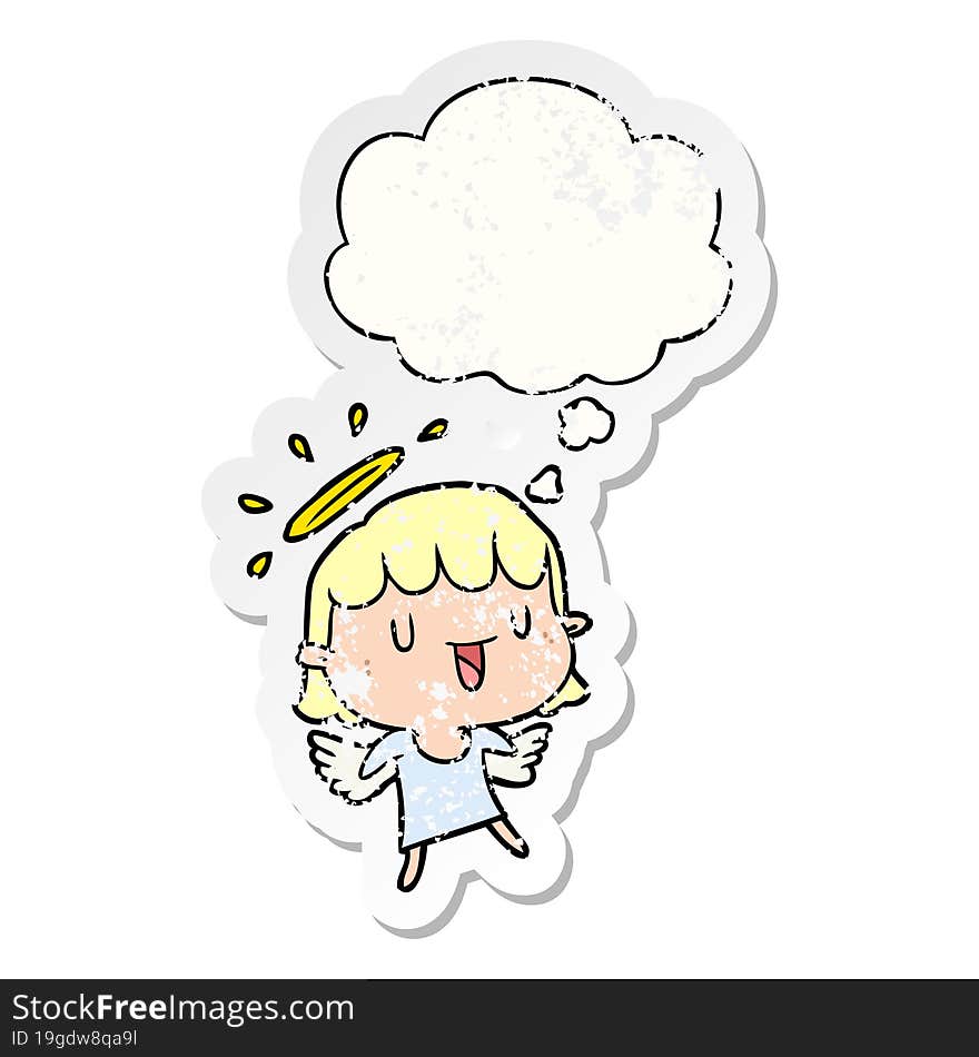 cartoon angel with thought bubble as a distressed worn sticker