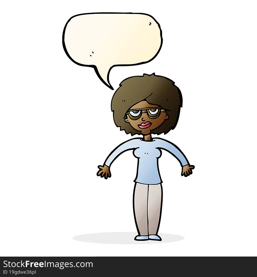 cartoon woman shrugging shoulders with speech bubble