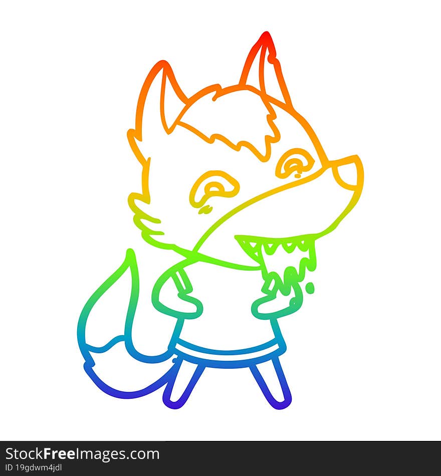 rainbow gradient line drawing of a cartoon hungry wolf