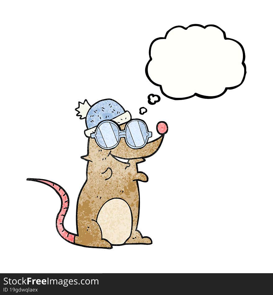 thought bubble textured cartoon mouse wearing glasses and hat