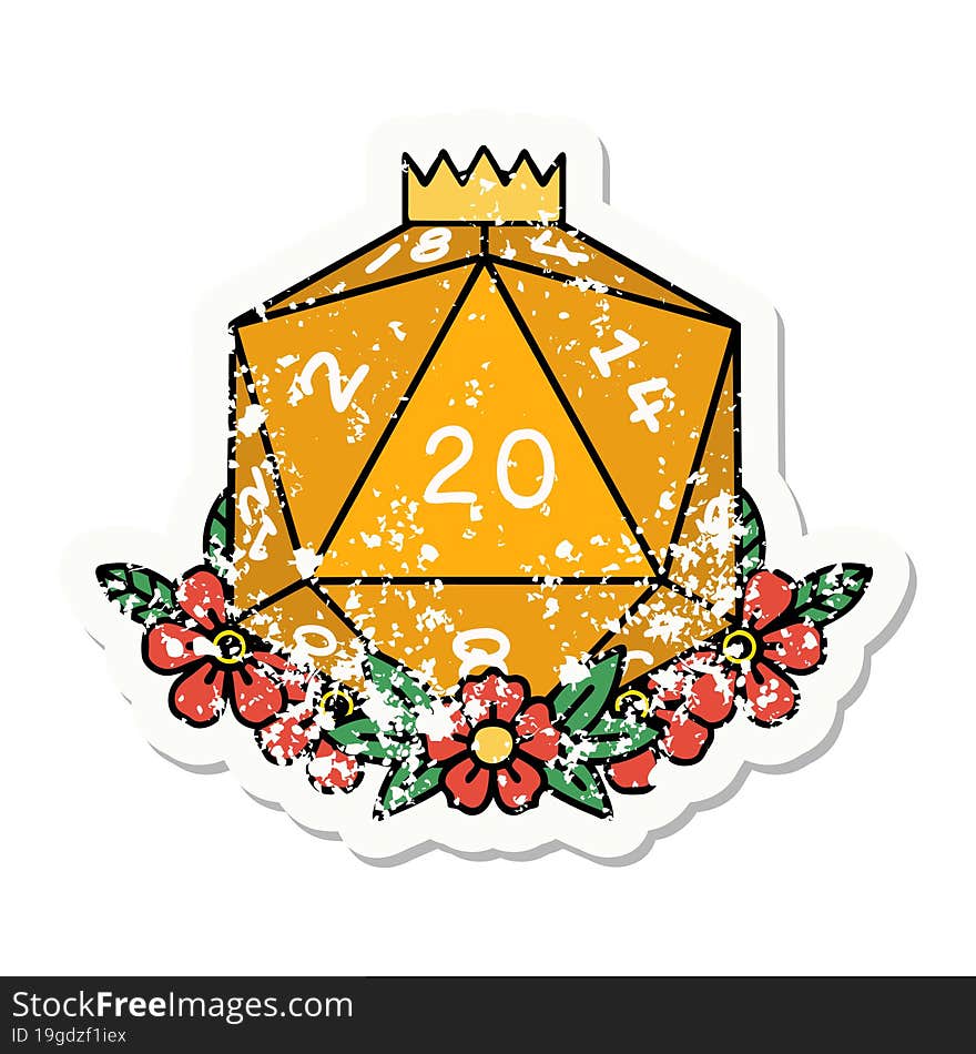 Natural 20 D20 Dice Roll With Floral Elements Grunge Sticker