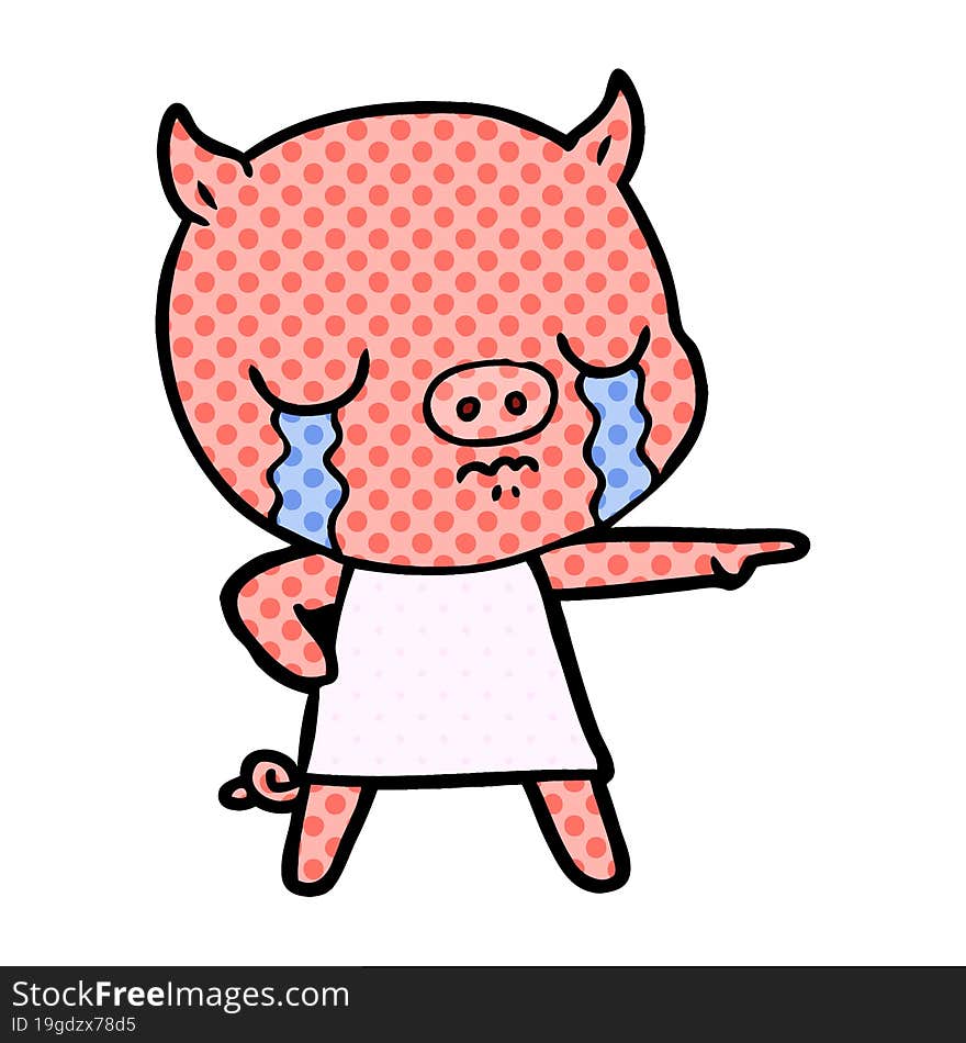 cartoon pig crying pointing. cartoon pig crying pointing