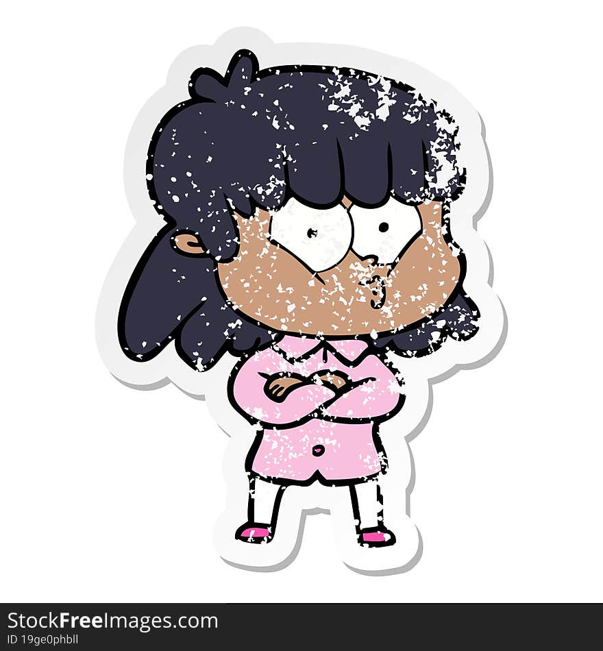 distressed sticker of a cartoon whistling girl