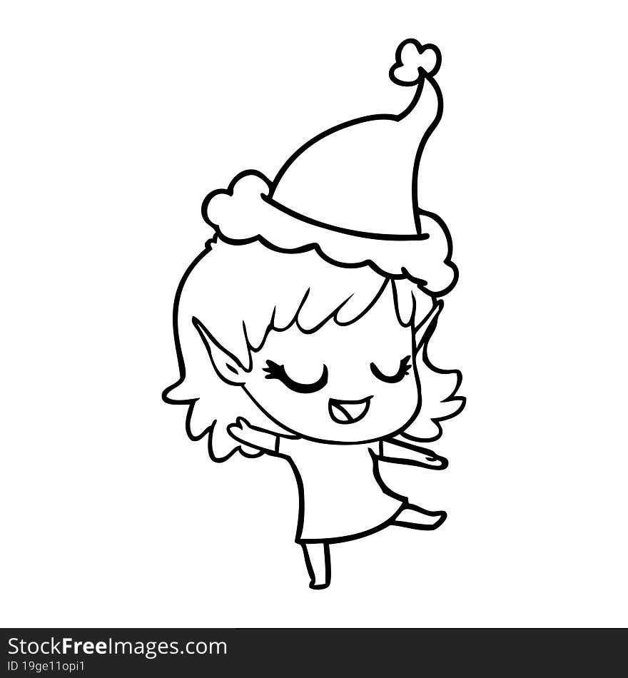 happy line drawing of a elf girl wearing santa hat