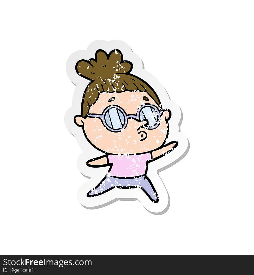 Distressed Sticker Of A Cartoon Woman Wearing Glasses