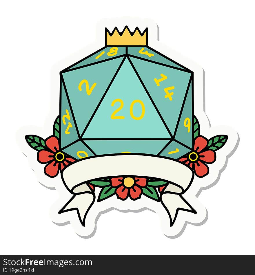 sticker of a natural 20 critical hit D20 dice roll. sticker of a natural 20 critical hit D20 dice roll