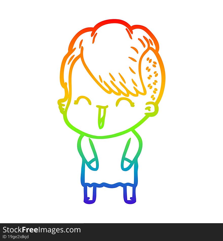 rainbow gradient line drawing of a cartoon happy hipster girl