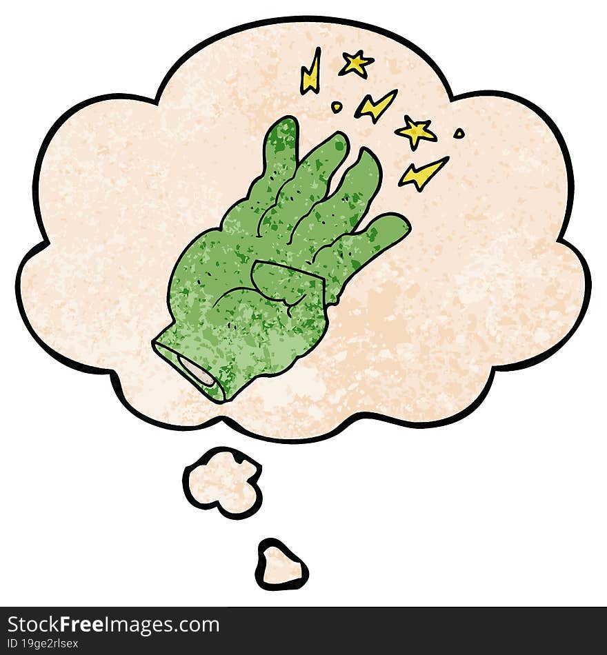 cartoon spooky magic hand with thought bubble in grunge texture style. cartoon spooky magic hand with thought bubble in grunge texture style