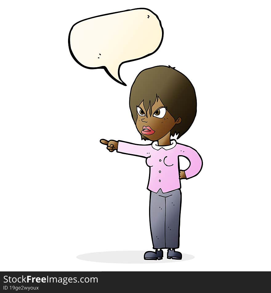 cartoon woman accusing with speech bubble