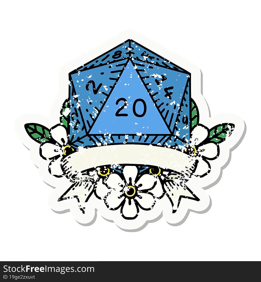 natural 20 critical hit D20 dice roll grunge sticker