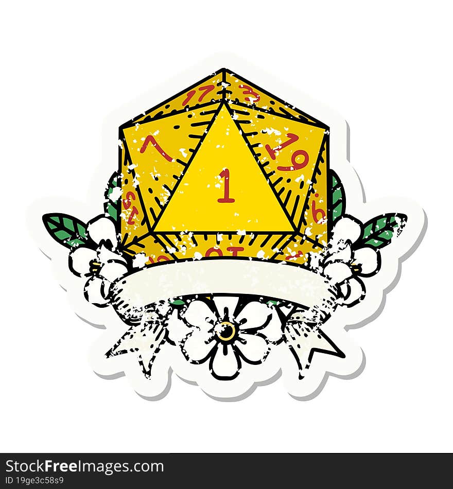 natural one d20 dice roll grunge sticker