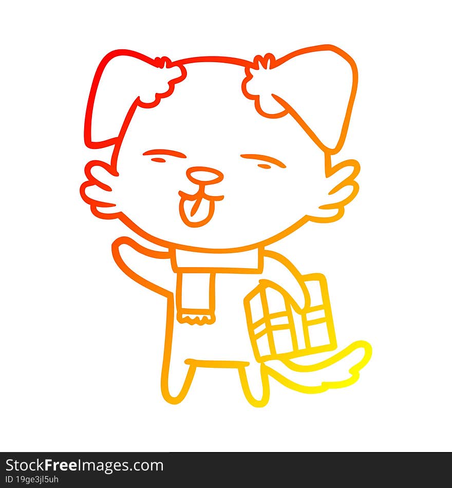 warm gradient line drawing cartoon dog with xmas gift