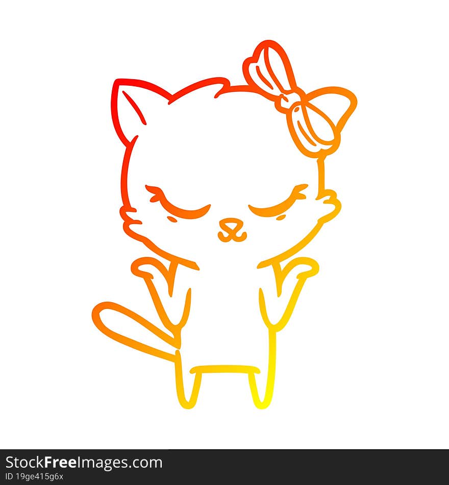 warm gradient line drawing cute cartoon cat with bow