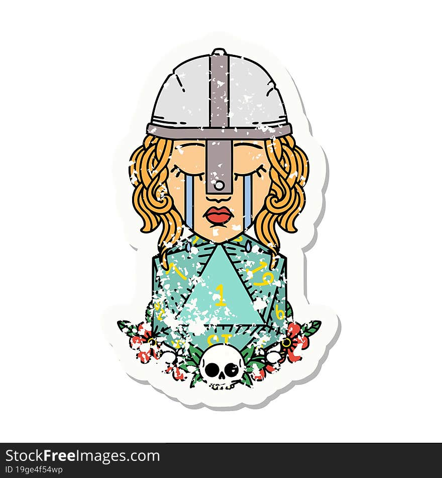 crying human fighter with natural one D20 roll grunge sticker