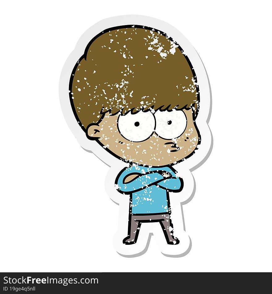 distressed sticker of a nervous cartoon boy