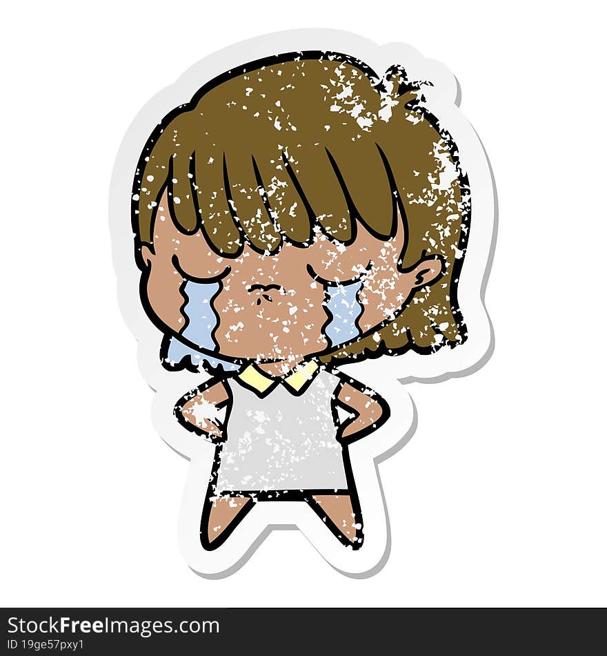 distressed sticker of a cartoon woman crying