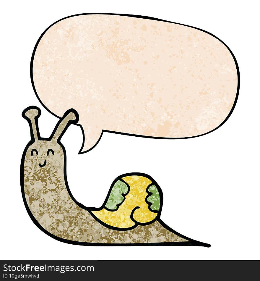 cute cartoon snail with speech bubble in retro texture style