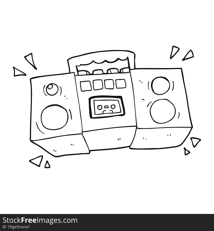 freehand drawn black and white cartoon cassette tape player