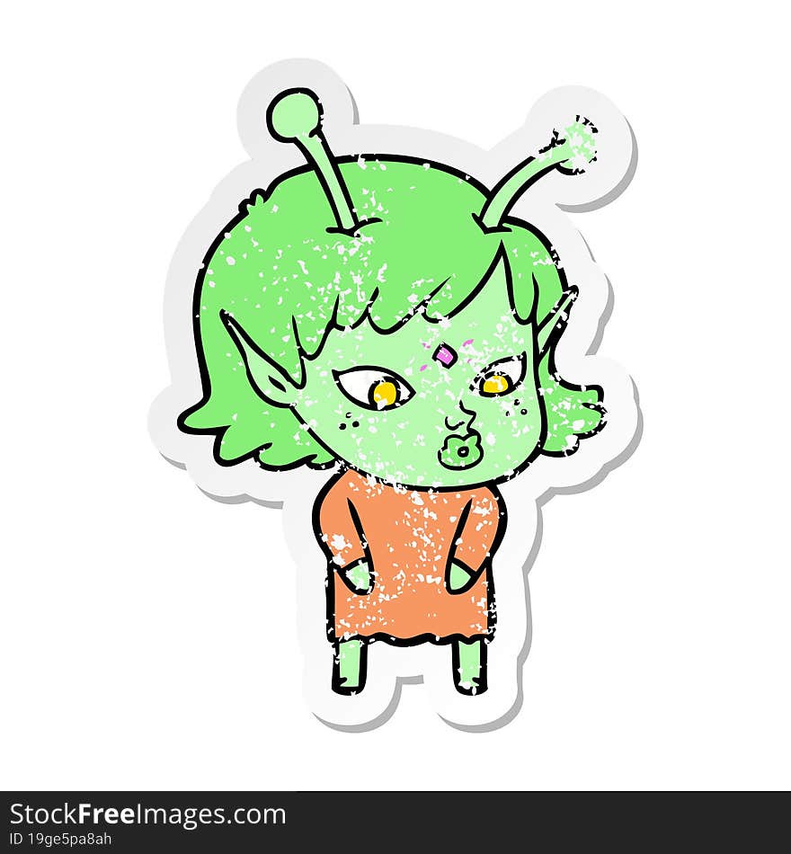 Distressed Sticker Of A Pretty Cartoon Alien Girl