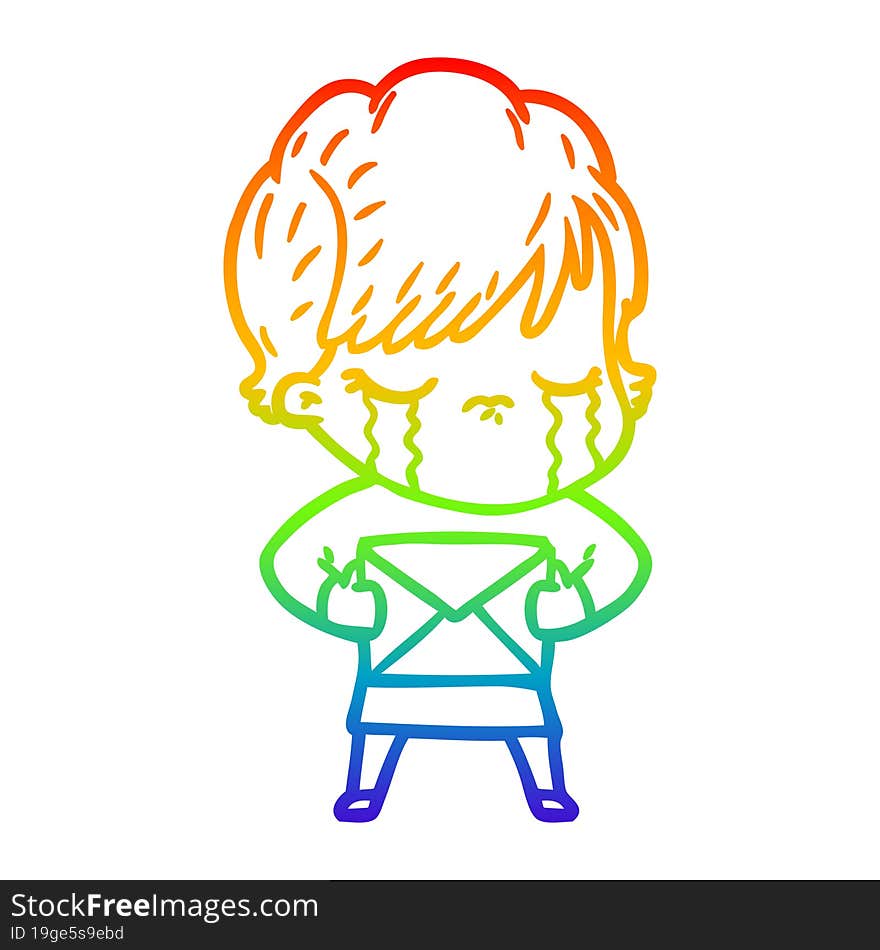 rainbow gradient line drawing of a cartoon woman crying