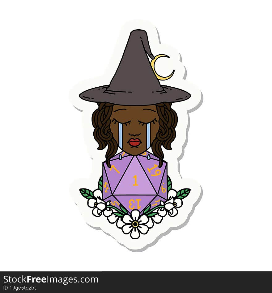 sticker of a crying human witch with natural one D20 dice roll. sticker of a crying human witch with natural one D20 dice roll