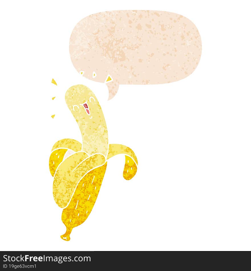 cartoon banana and speech bubble in retro textured style