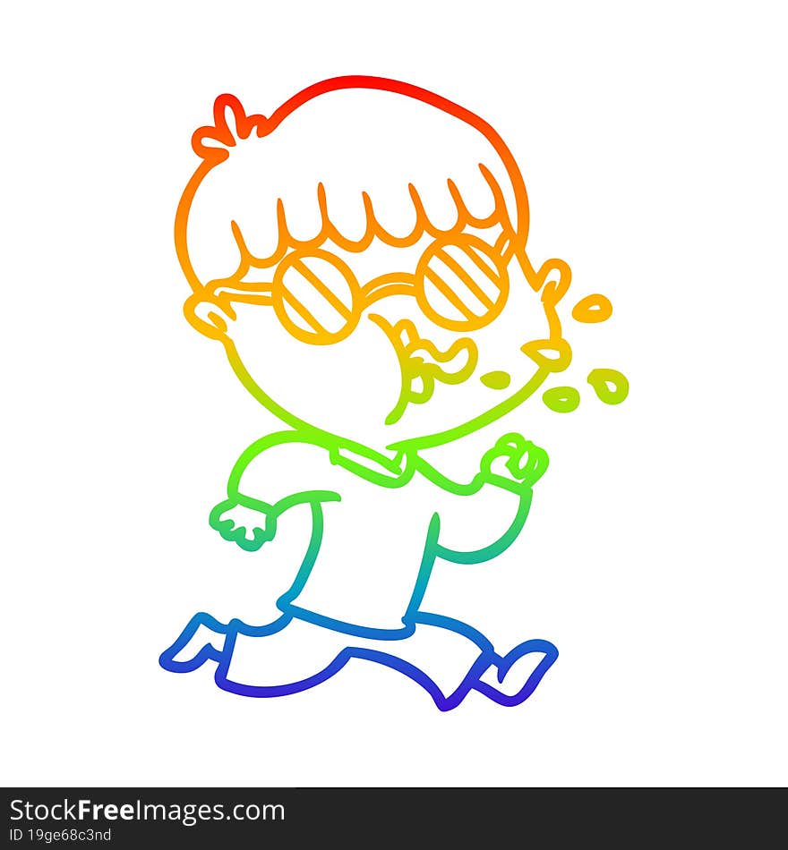 Rainbow Gradient Line Drawing Cartoon Boy Wearing Spectacles And Running