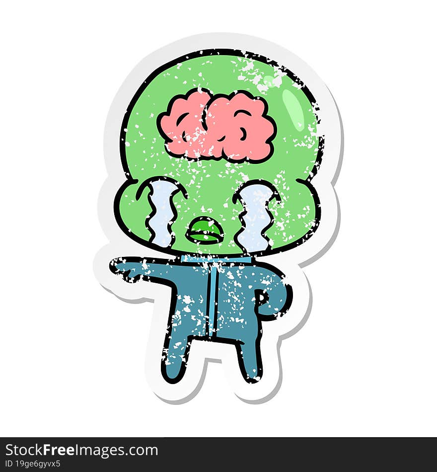 distressed sticker of a cartoon big brain alien crying