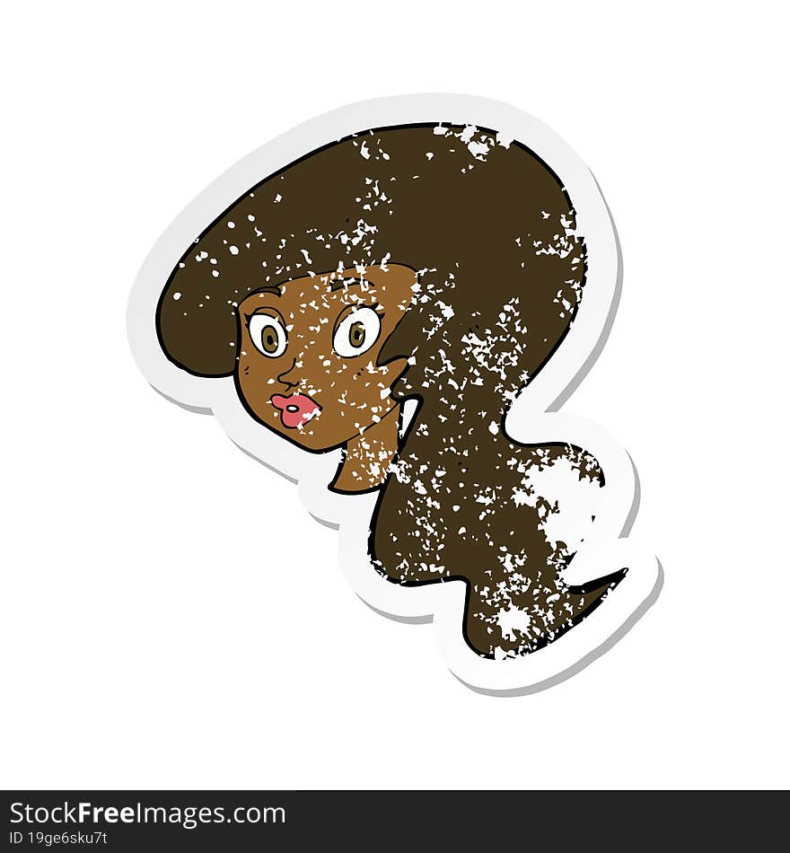 retro distressed sticker of a cartoon pretty female face