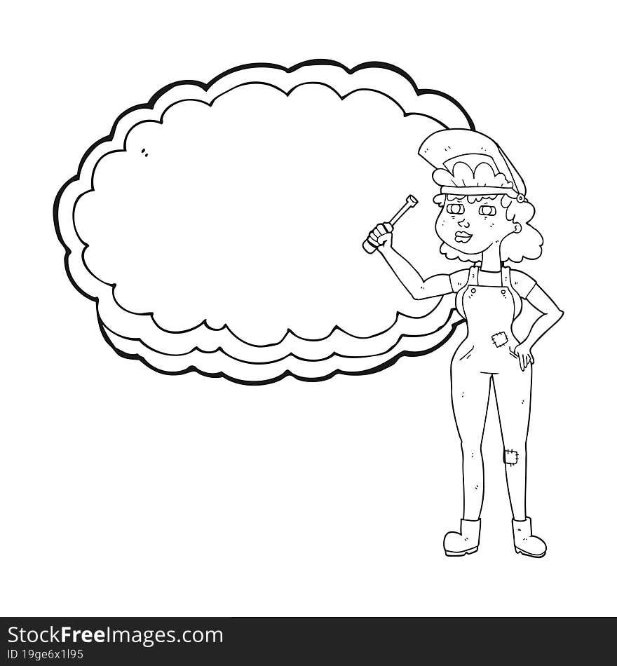 freehand drawn black and white cartoon female mechanic