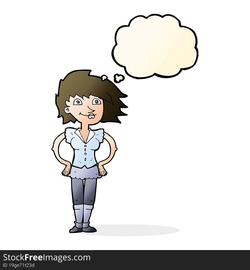 cartoon woman with hands on hips with thought bubble