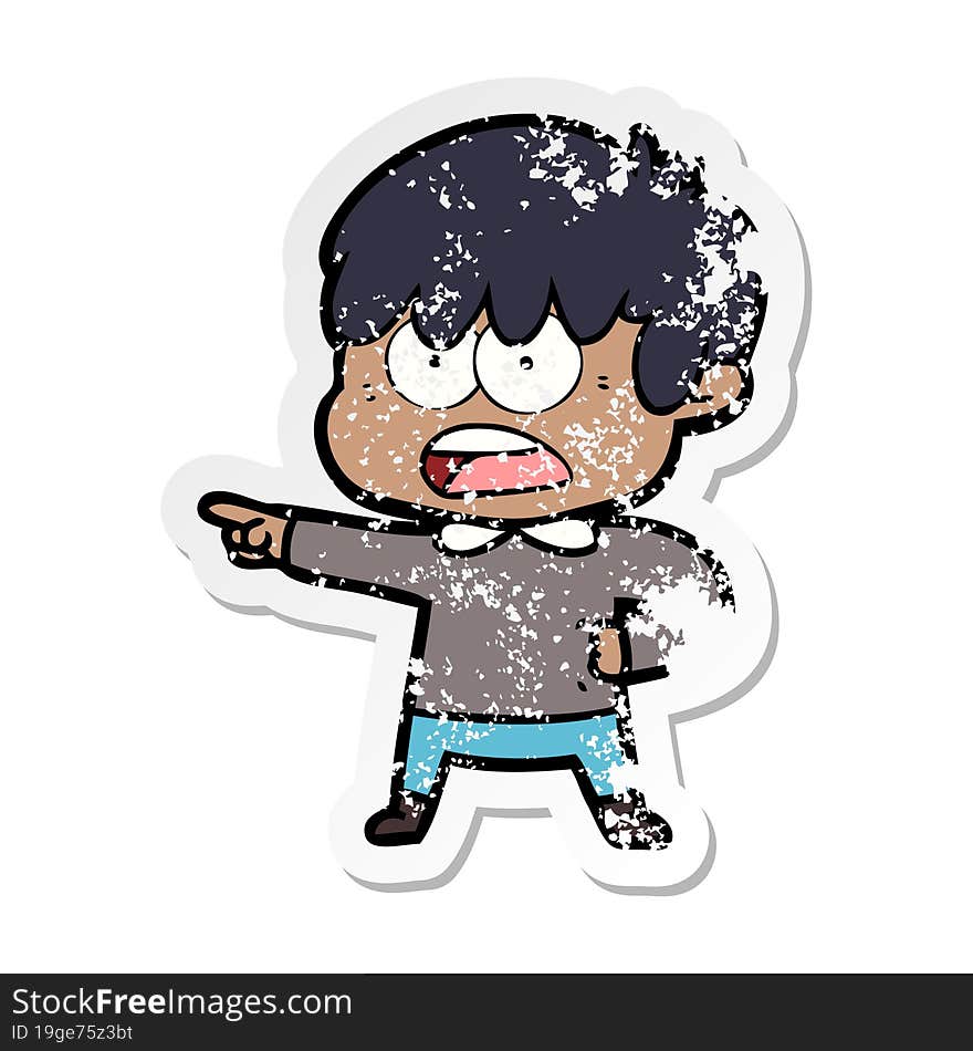 distressed sticker of a worried cartoon boy