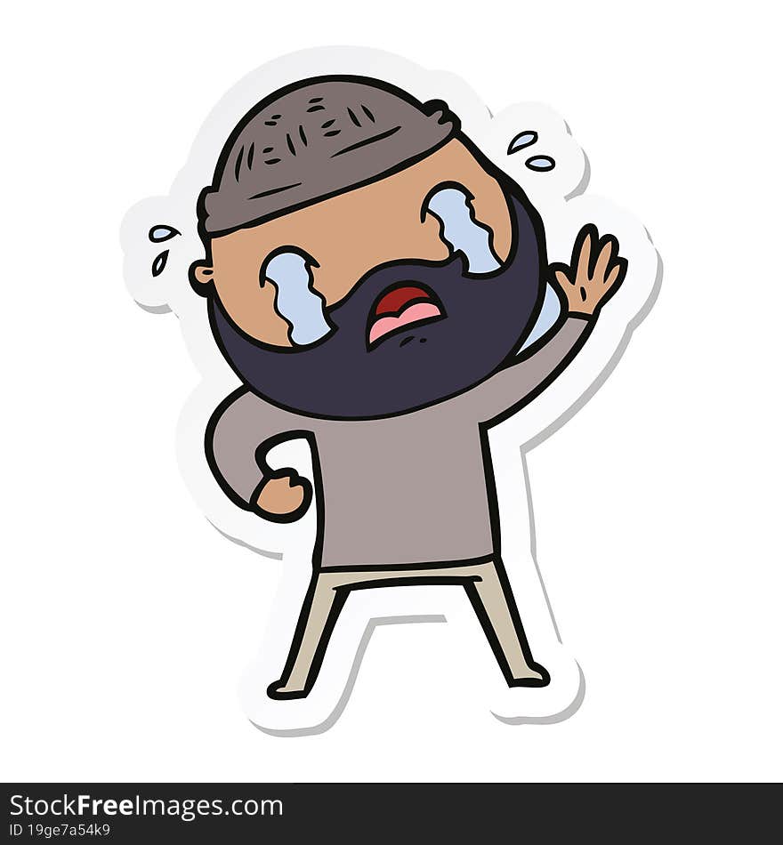 sticker of a cartoon bearded man waving and crying