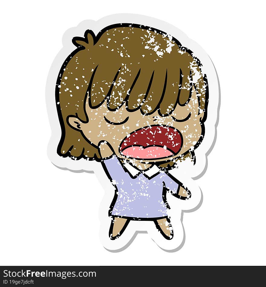 distressed sticker of a cartoon woman talking loudly