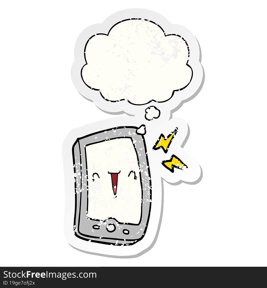 cute cartoon mobile phone with thought bubble as a distressed worn sticker