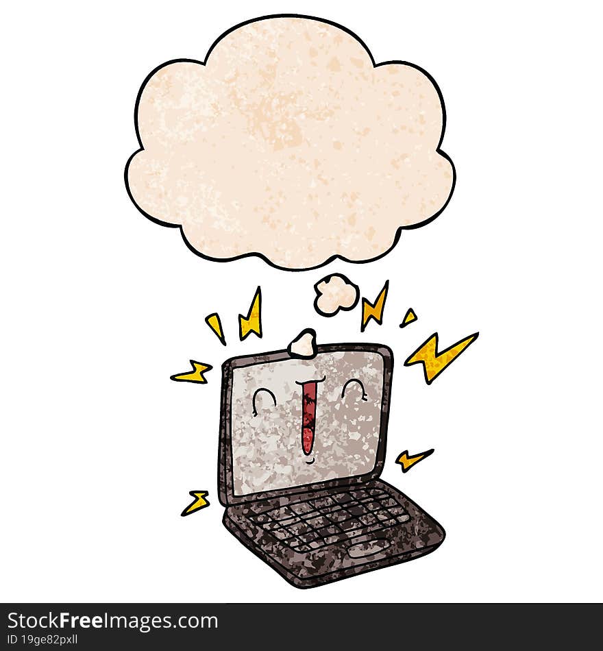 cartoon laptop computer and thought bubble in grunge texture pattern style